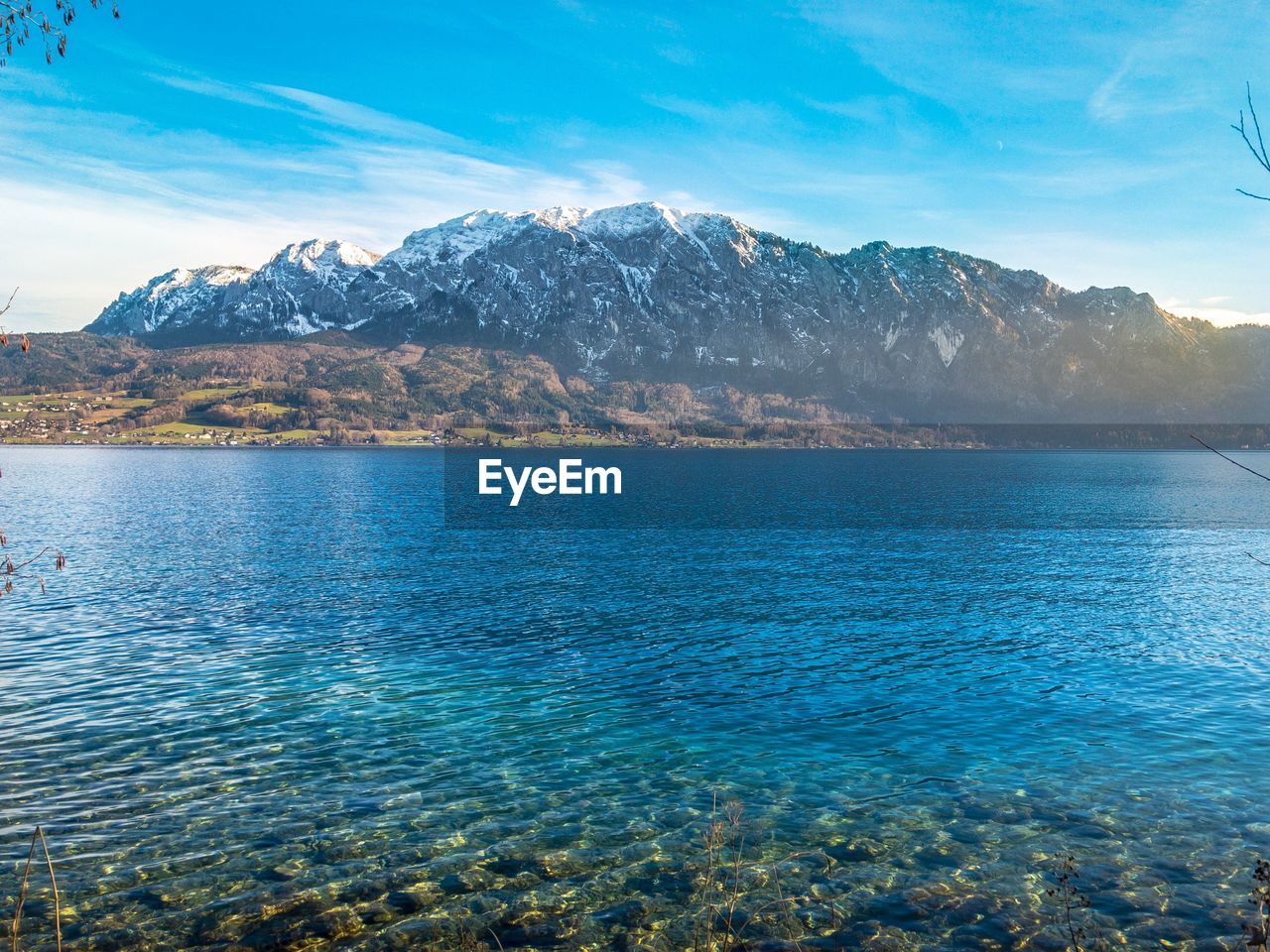 Scenic view of lake and mountains against sky