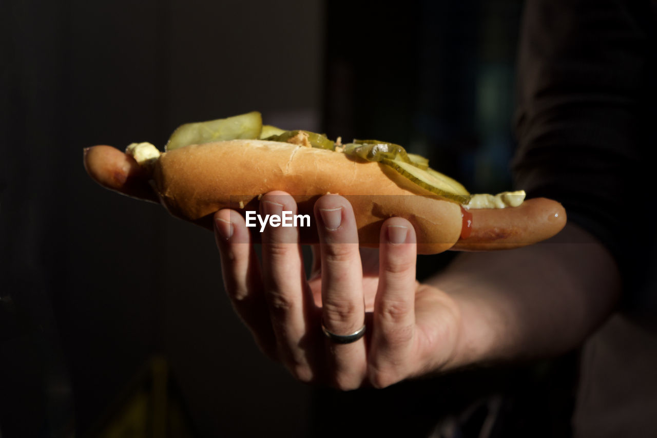 Close-up of hand holding hot dog