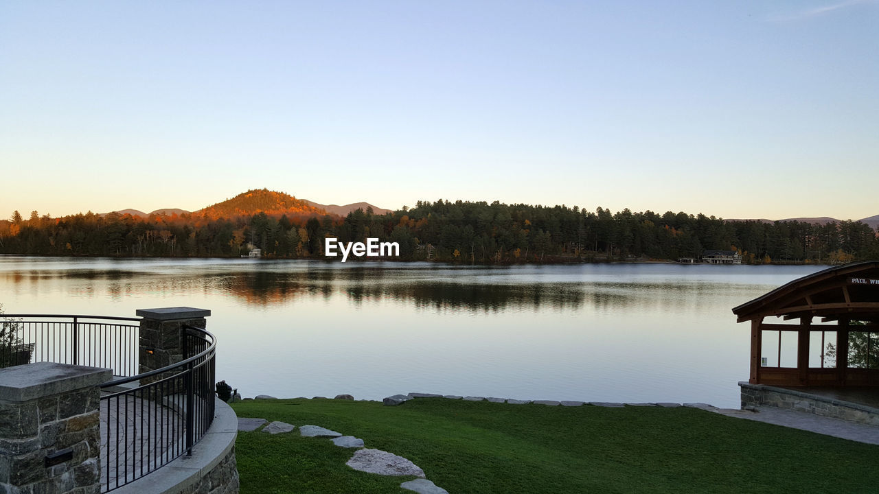 Scenic view of lake against clear sky