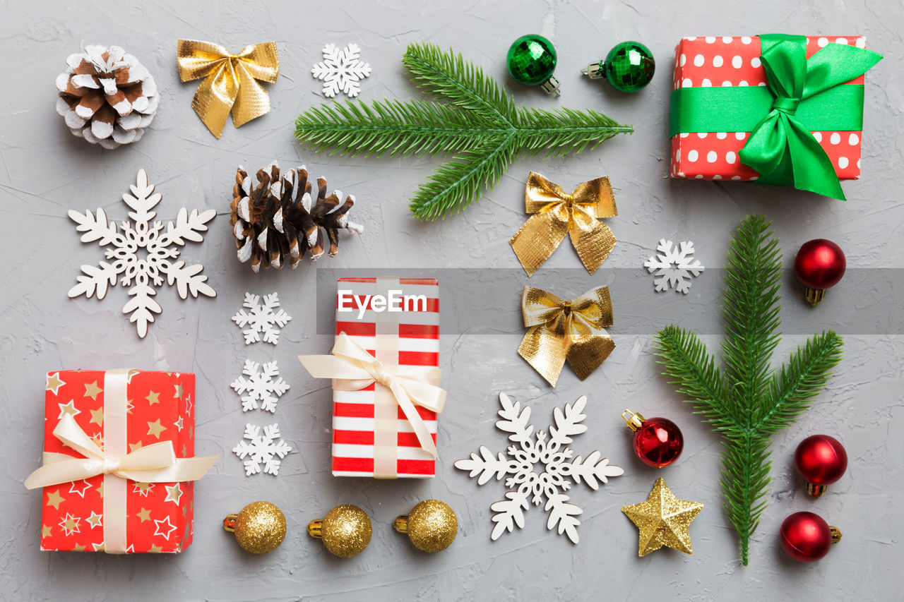 directly above shot of christmas decorations on white background