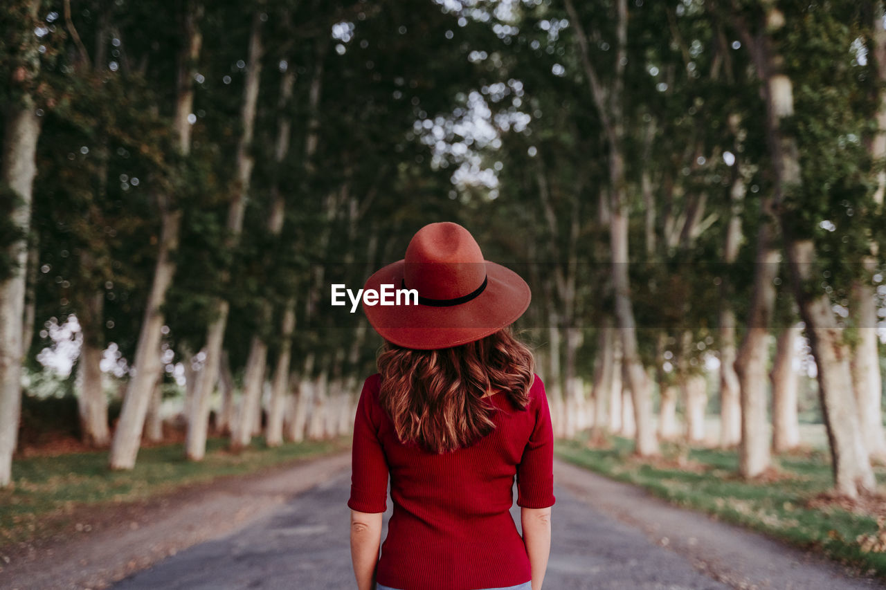 Rear view of woman standing amidst trees on road