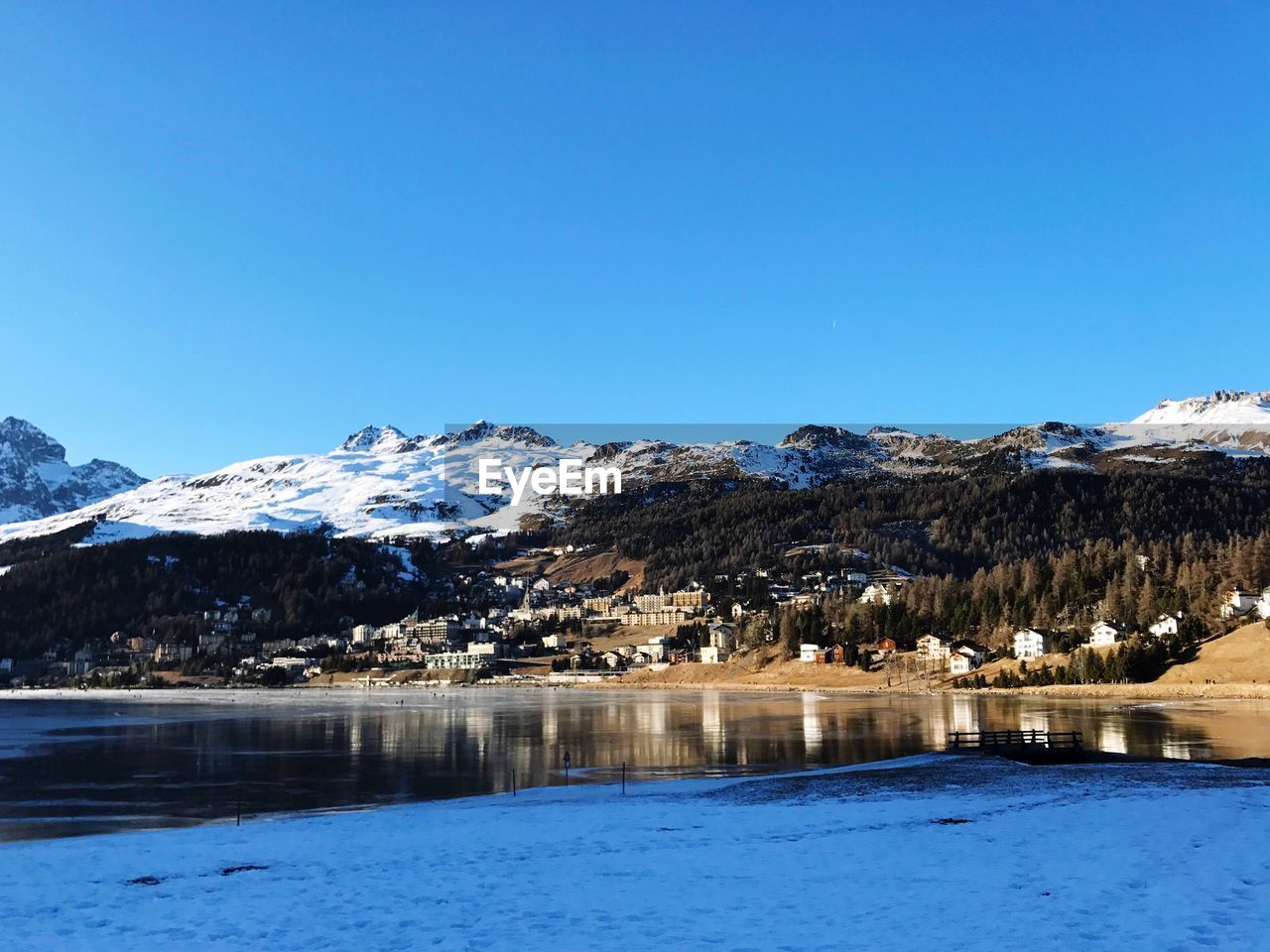 Snowcapped mountains against clear blue sky