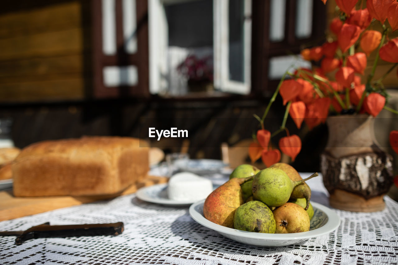 close-up of fruits in plate on table