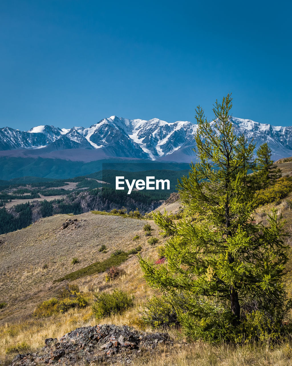 Scenic view of snowcapped mountains against blue sky