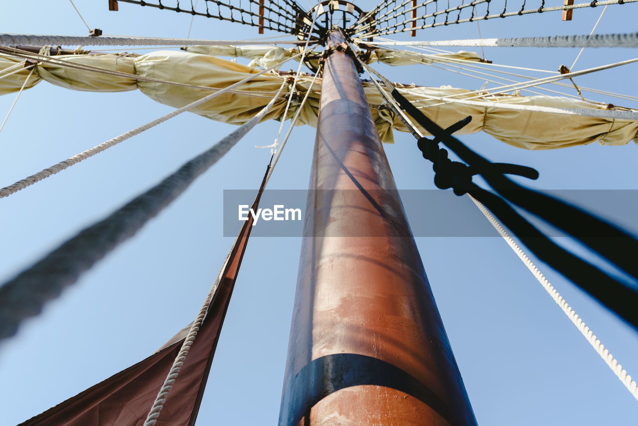 LOW ANGLE VIEW OF ROPE TIED TO POLE AGAINST SKY