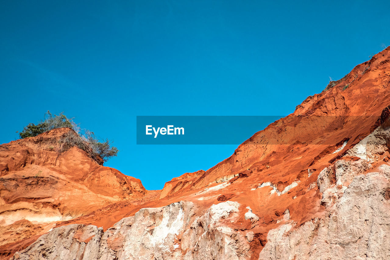 Low angle view of rock formations against clear blue sky