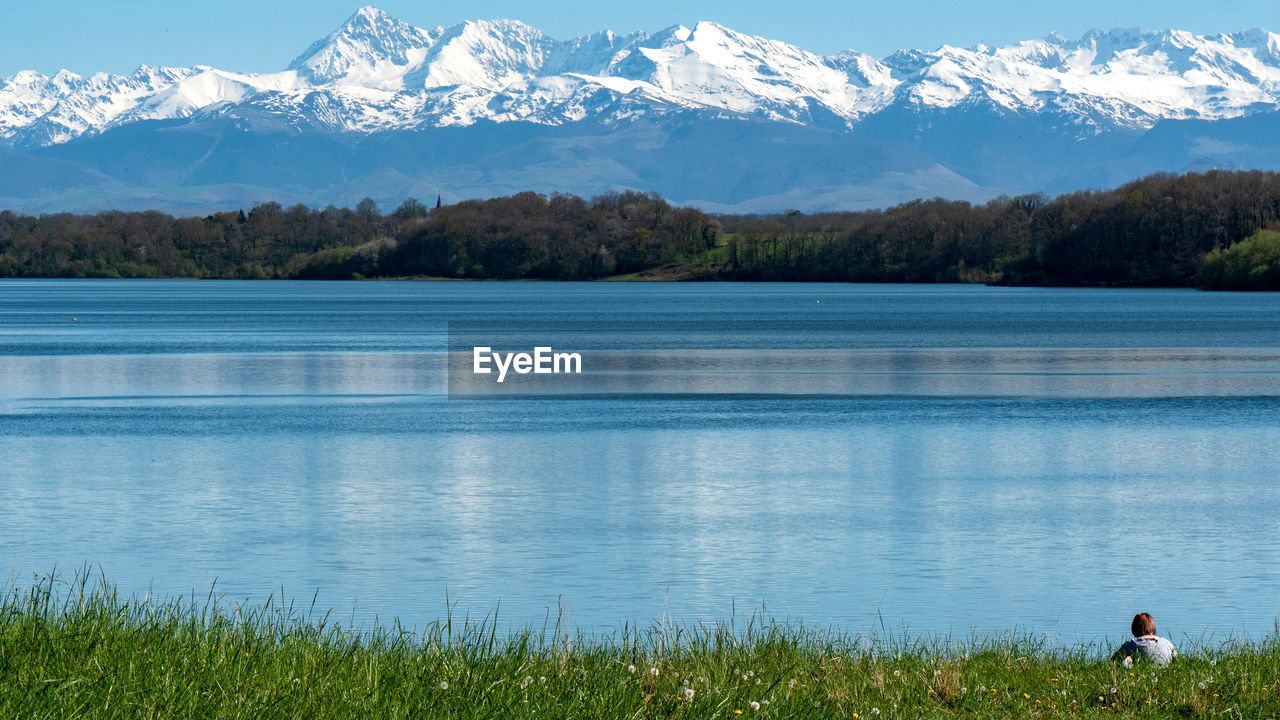 Scenic view of lake and mountains against sky