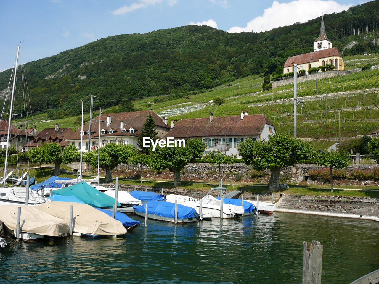 Boats moored in lake against mountain