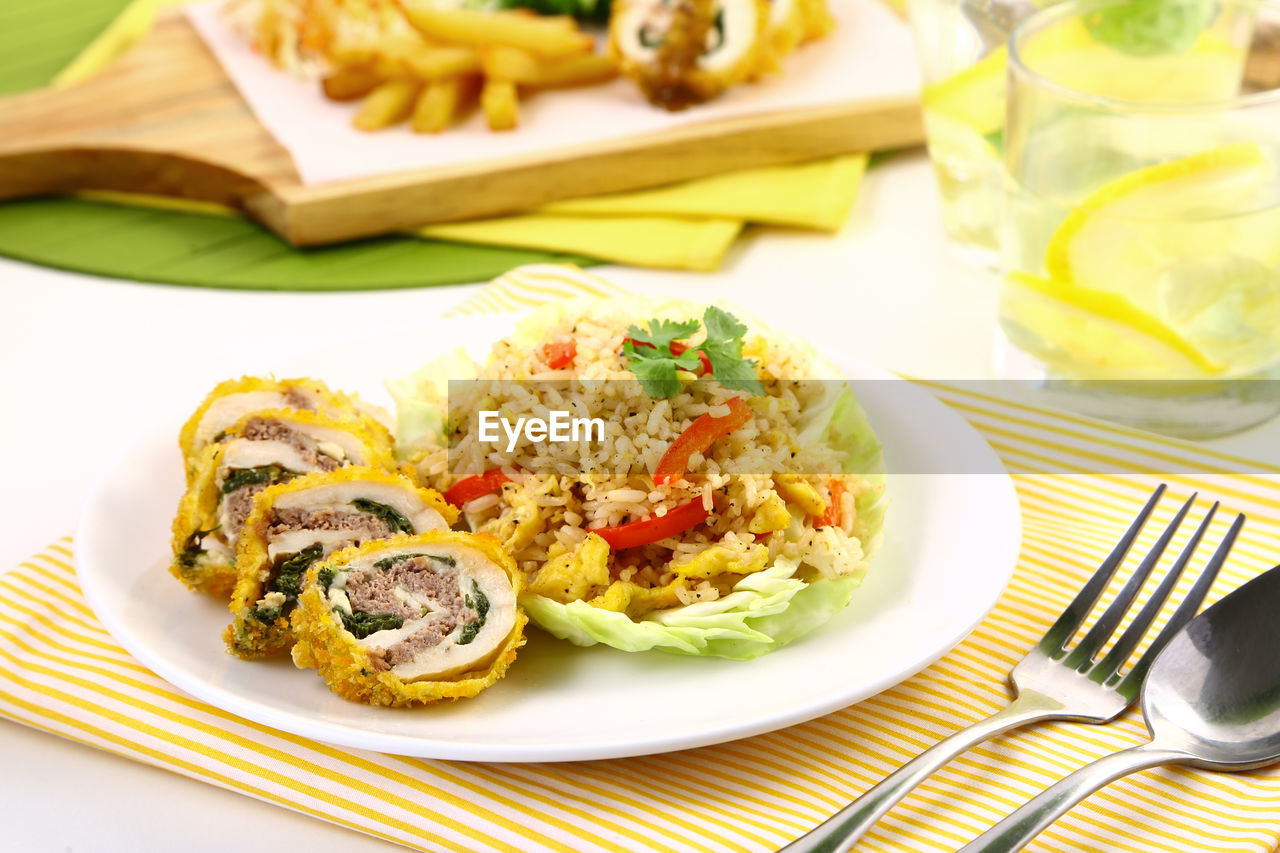 Close-up of nasi goreng in plate on table