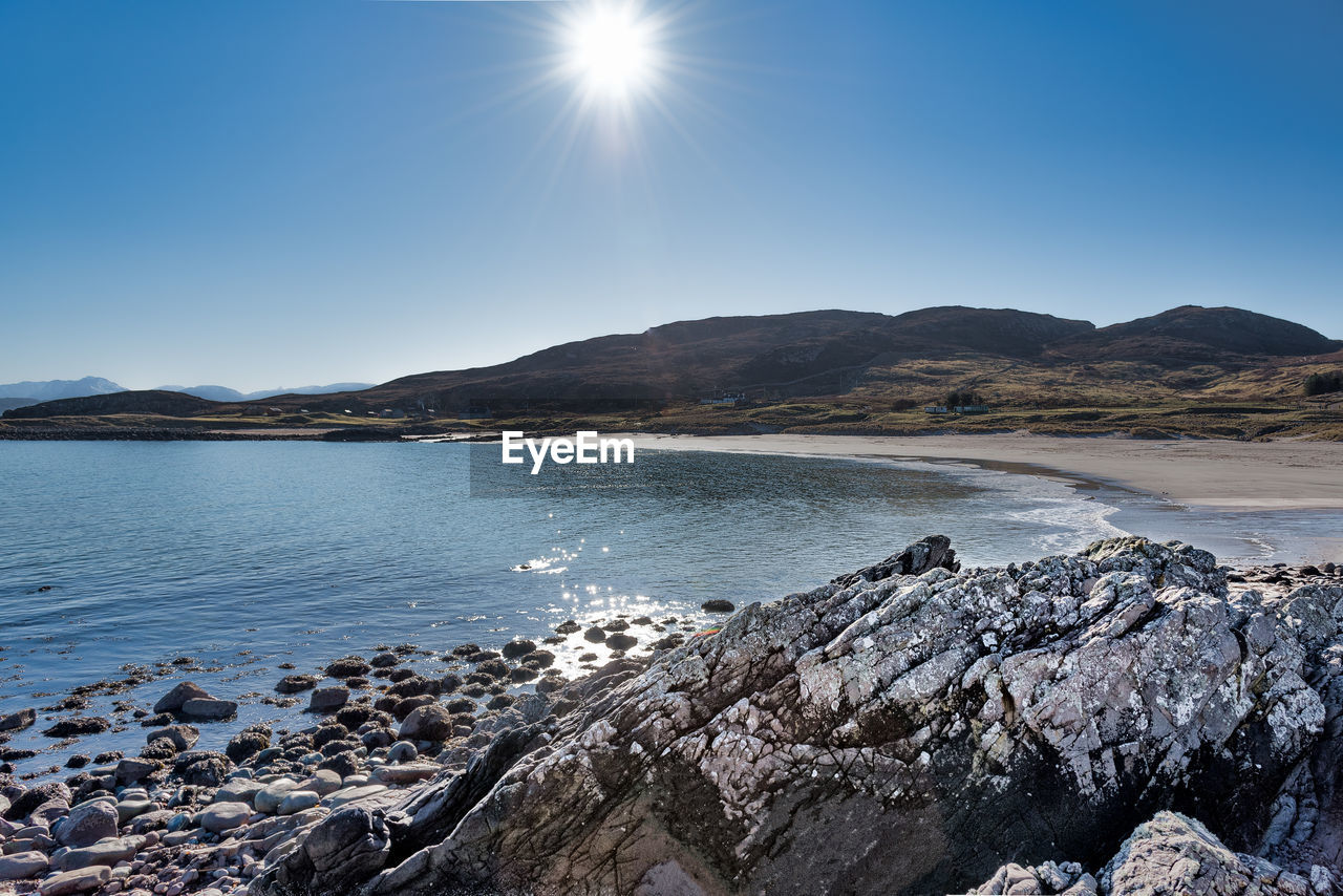 Scenic view of sea and mountains against clear blue sky