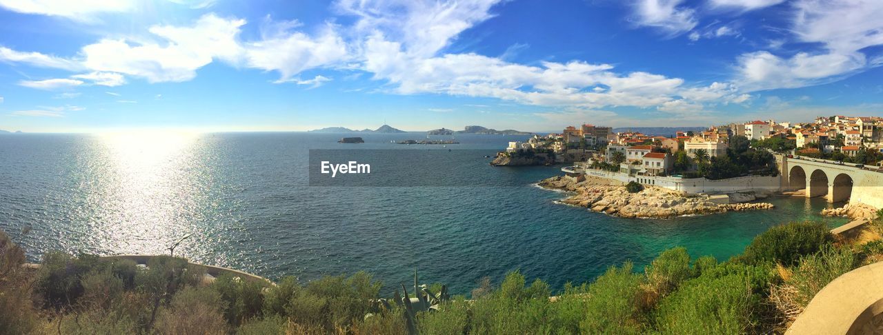 High angle view of sea against blue sky