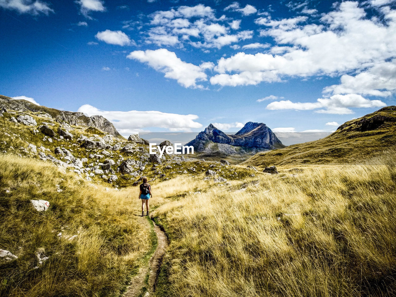 Rear view of people walking on mountain against sky