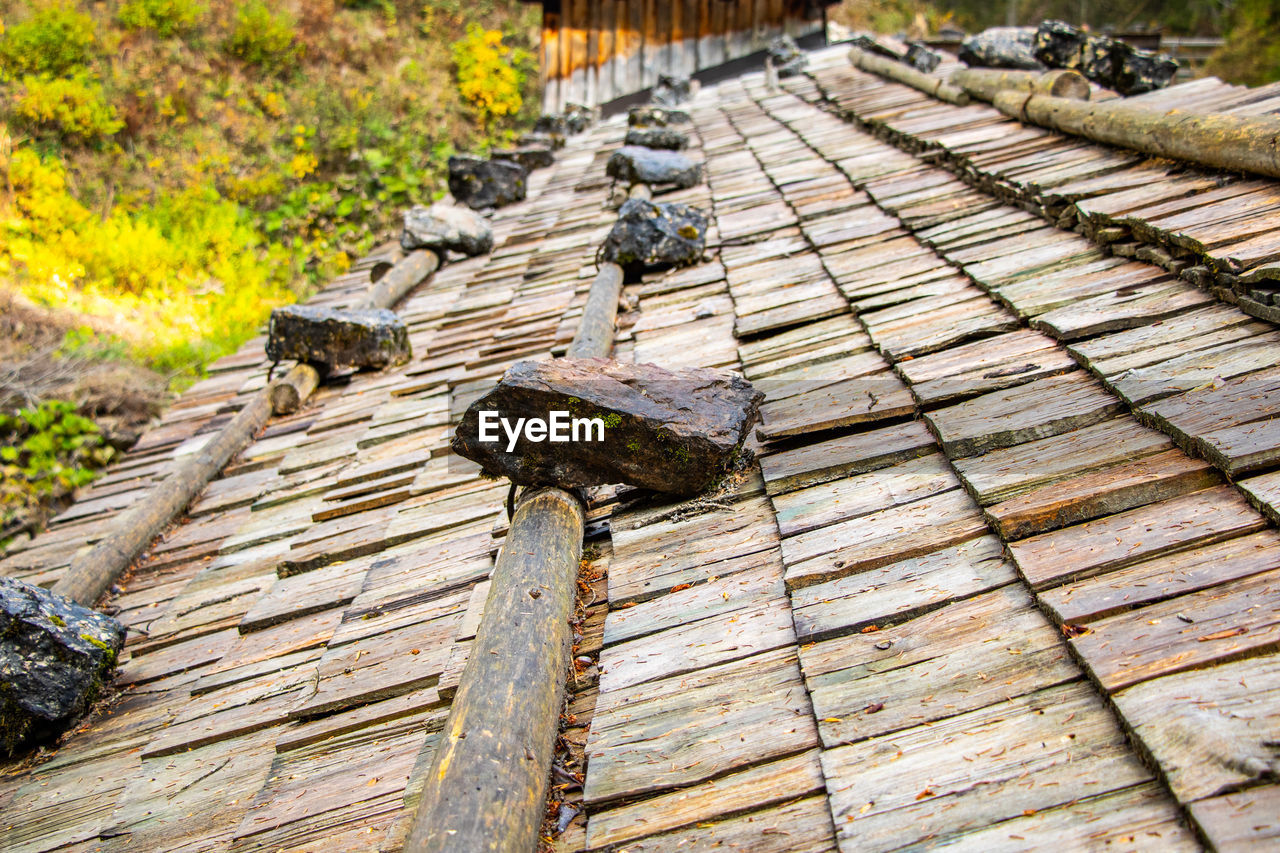 HIGH ANGLE VIEW OF WOOD ON FOOTPATH AMIDST TREES