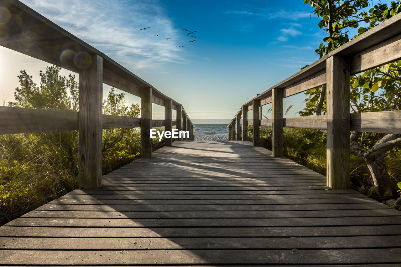 View of wooden footpath leading towards water