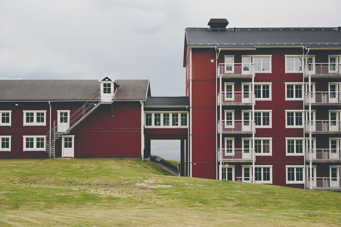 Buildings with lawn in foreground