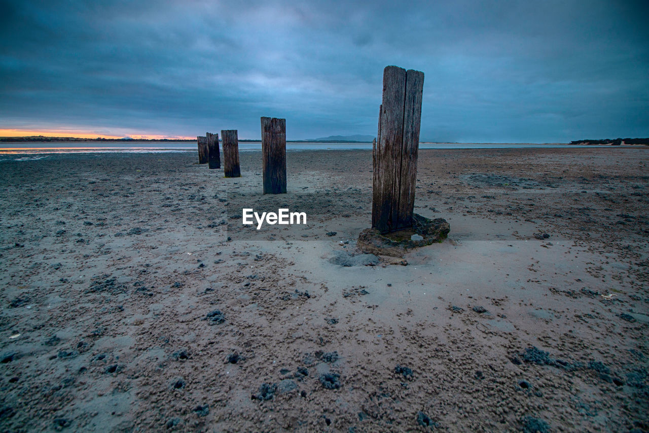 WOODEN POSTS ON BEACH