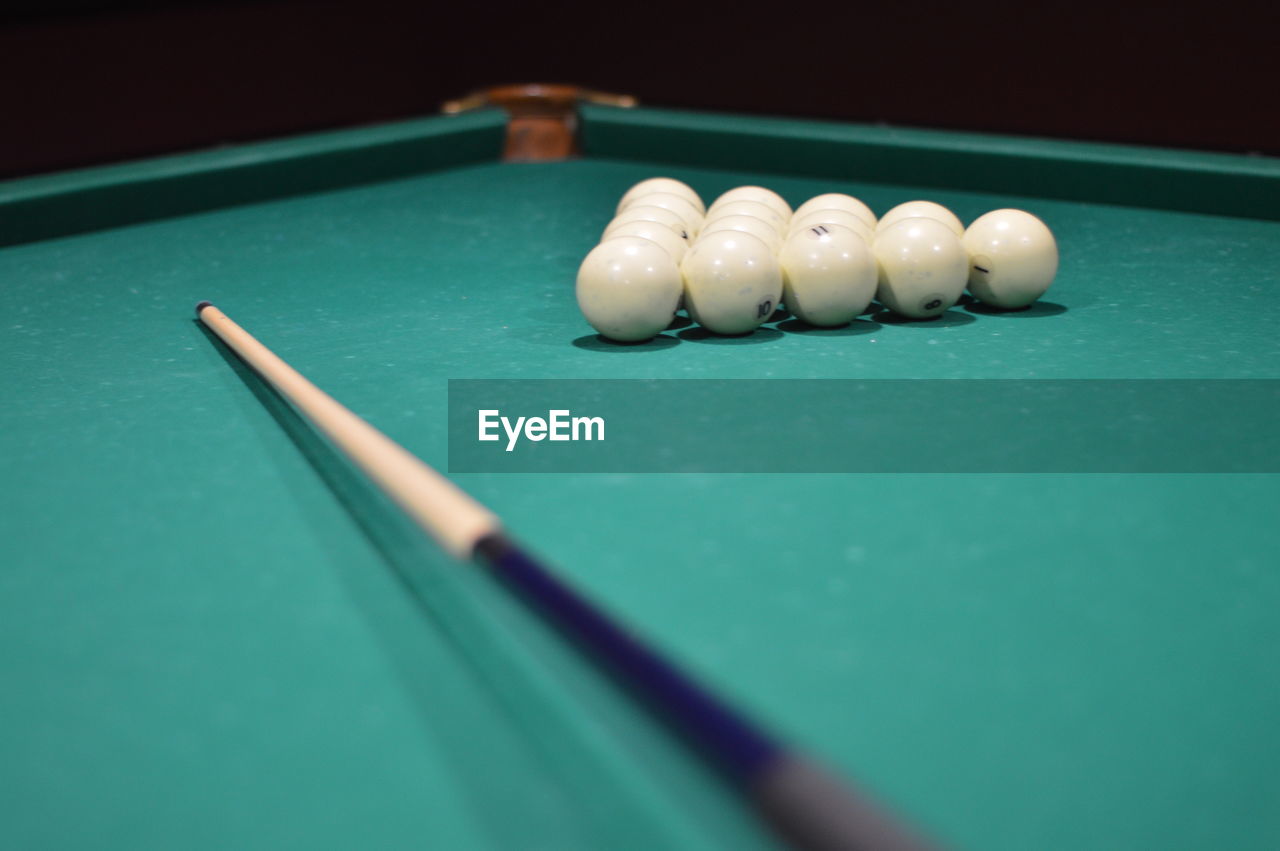 High angle view of balls billiard on table