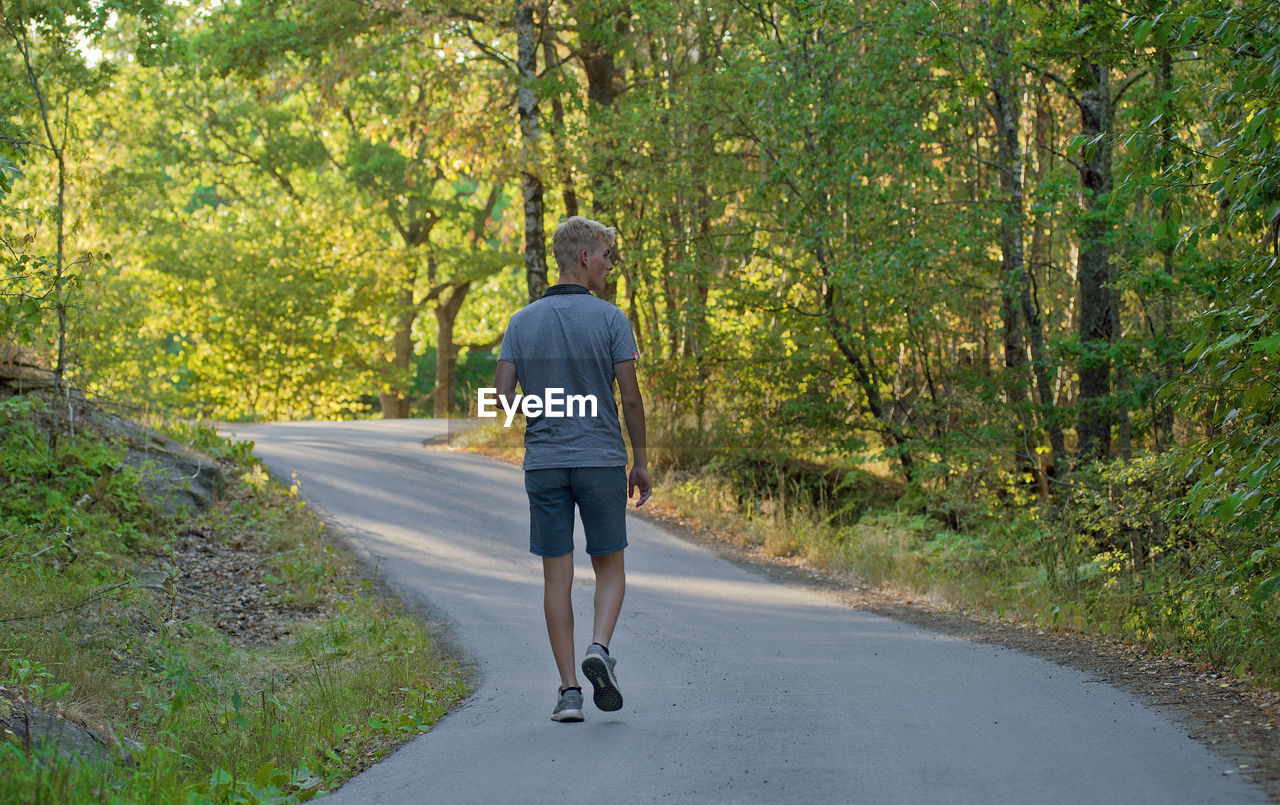 Rear view of man walking on road along trees