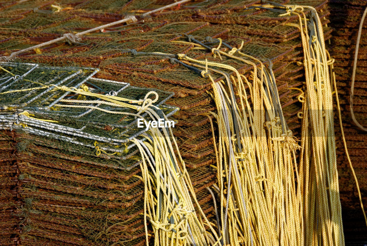 High angle view of lobster traps stacks