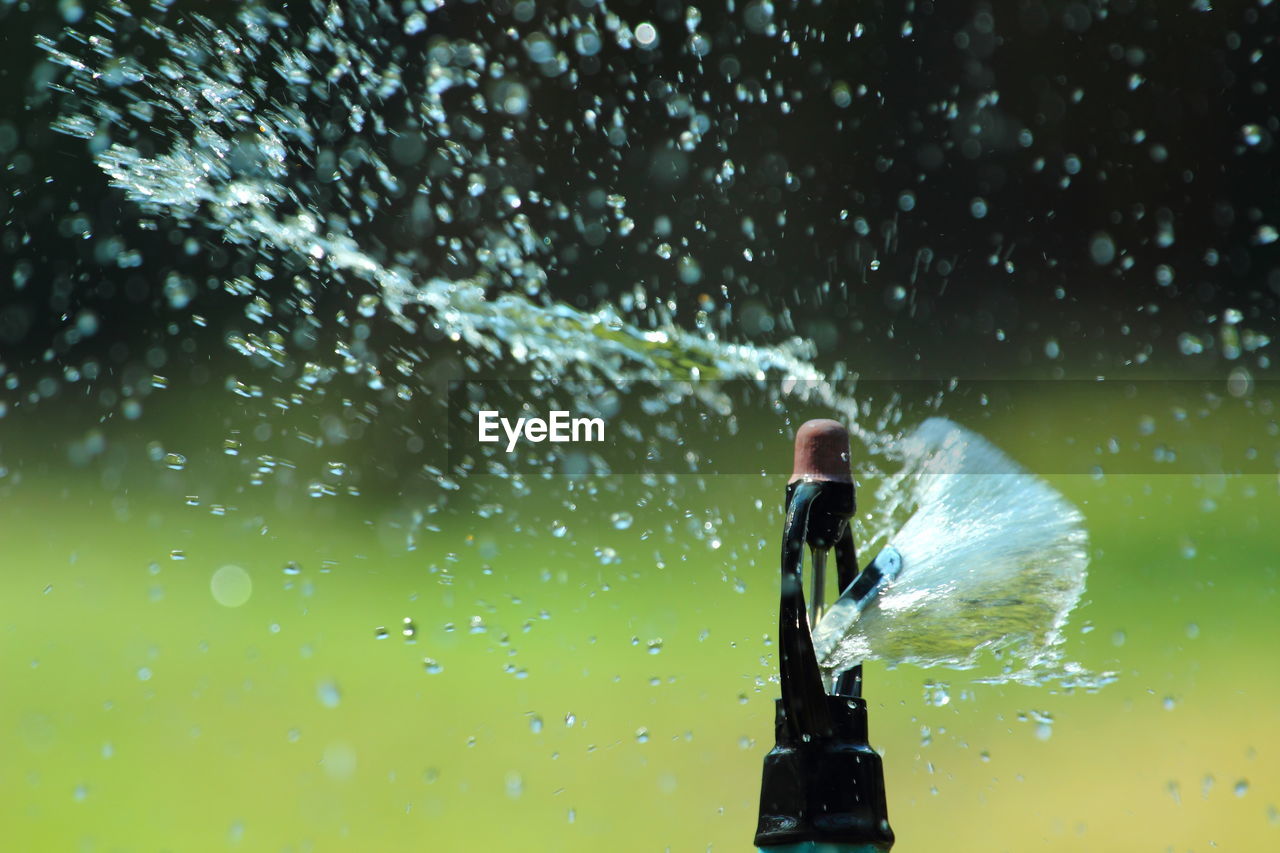 Close-up of sprinkler spraying water at lawn