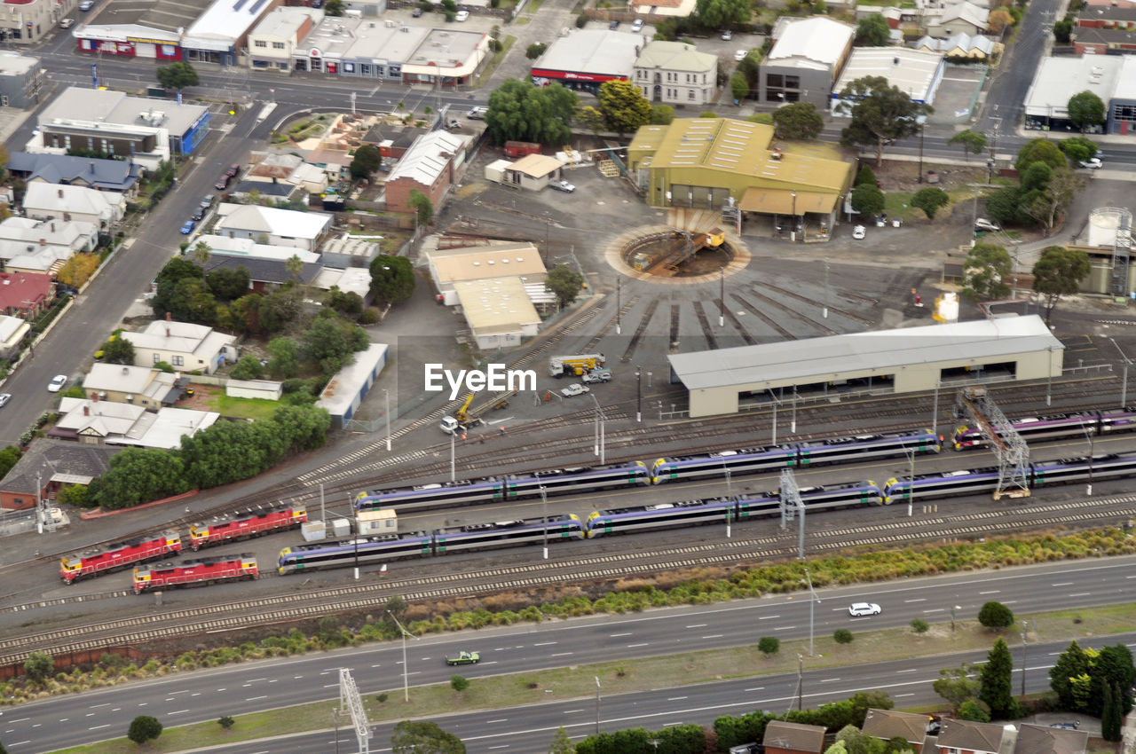 High angle view of trains at shunting yard in city