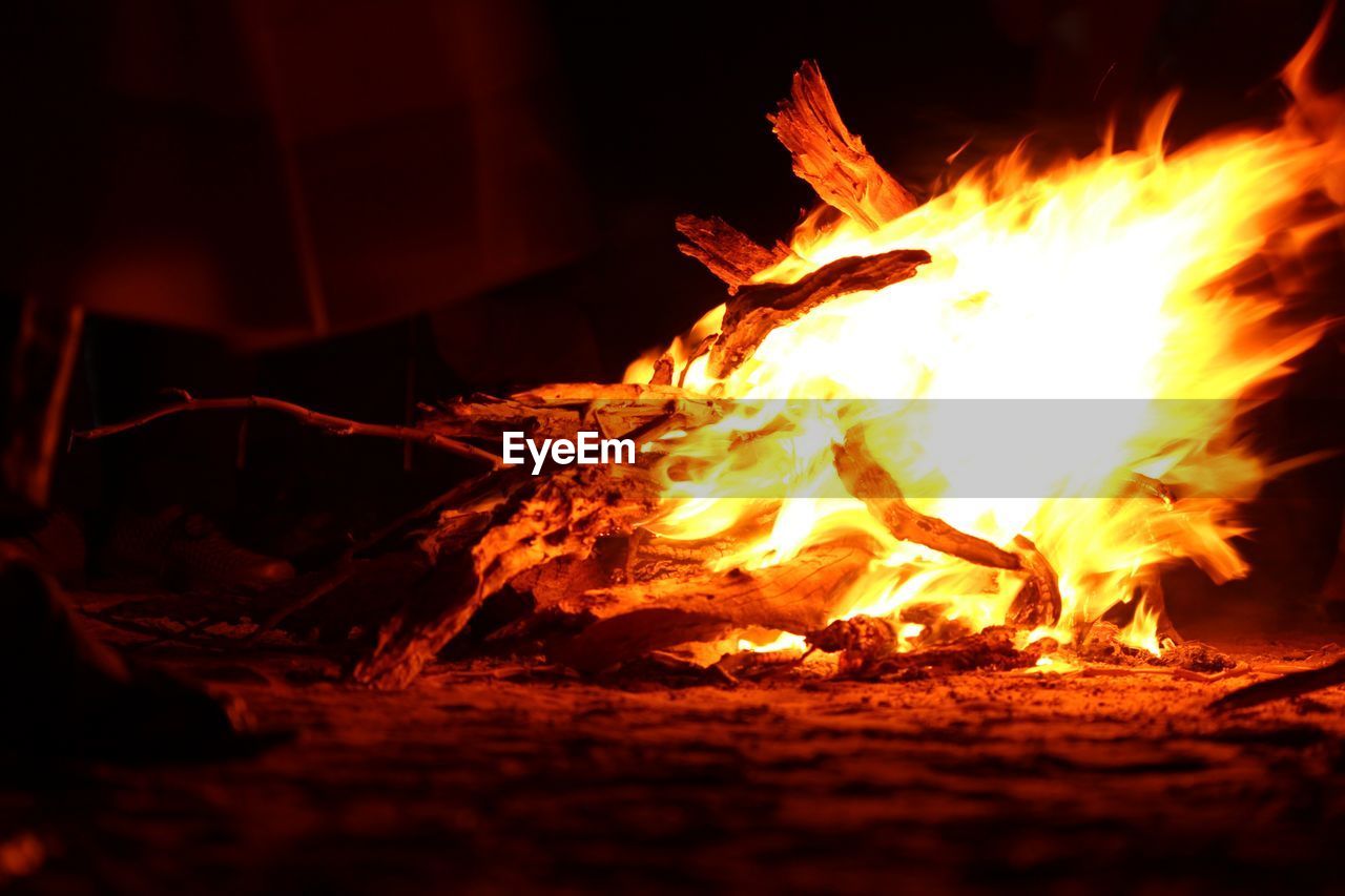 Campfire burning at night