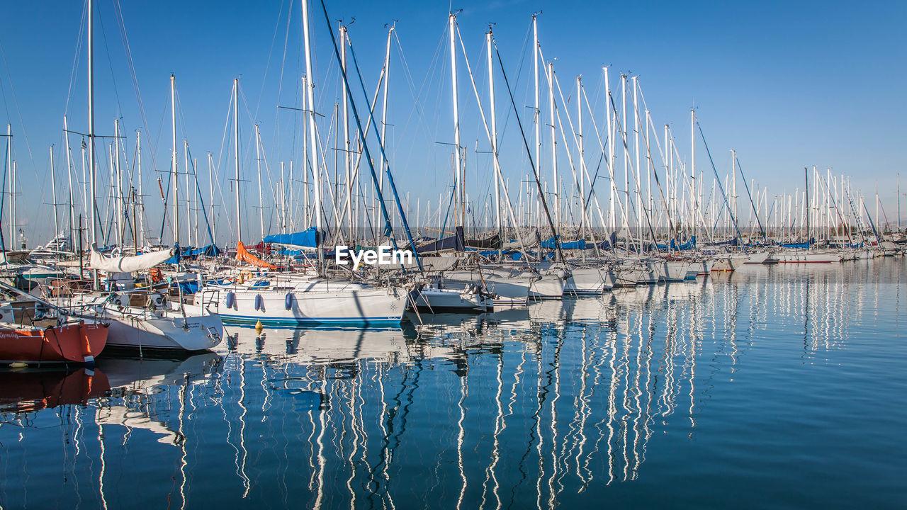 Sailboats moored in harbor