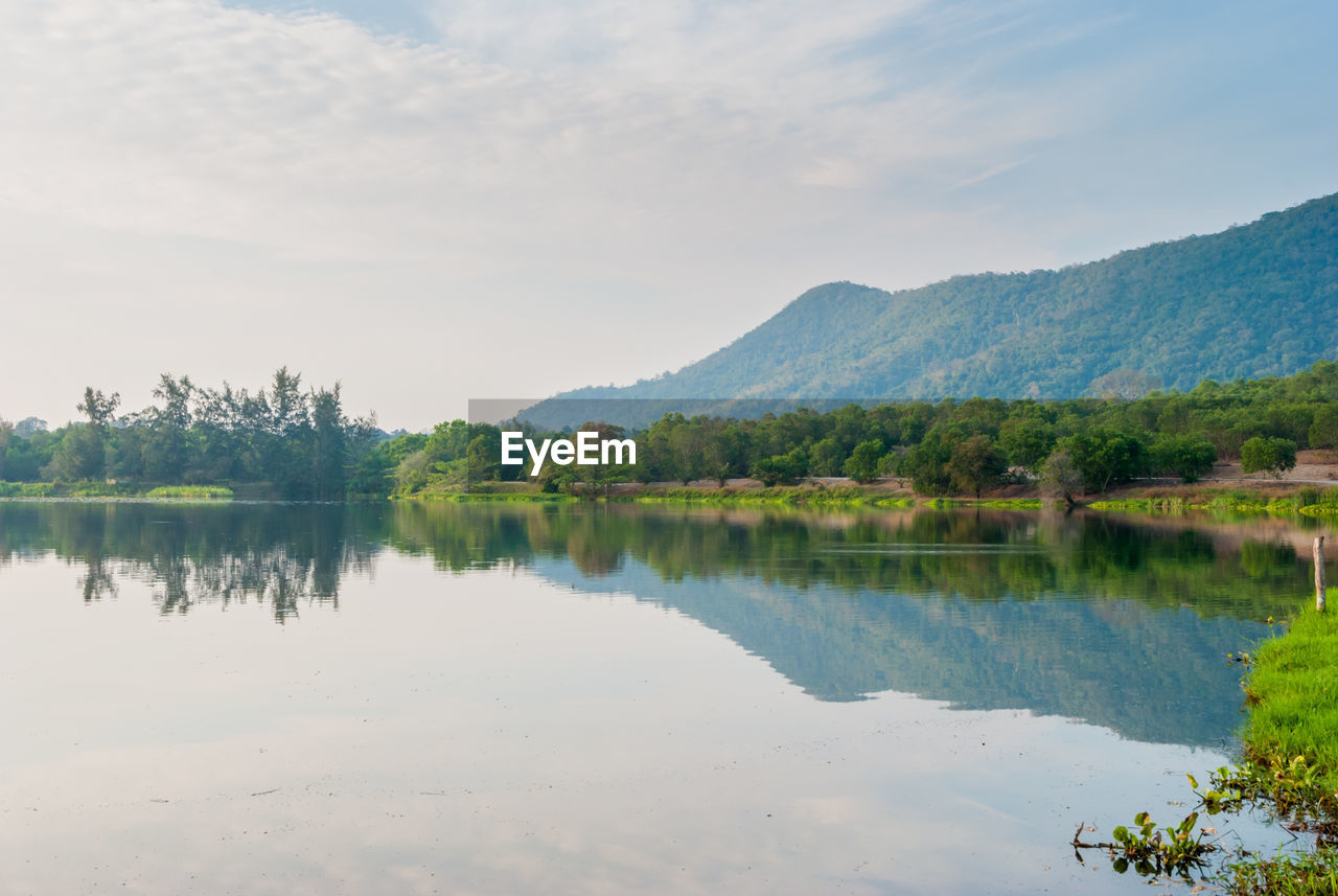 Scenic view of lake and mountains against sky