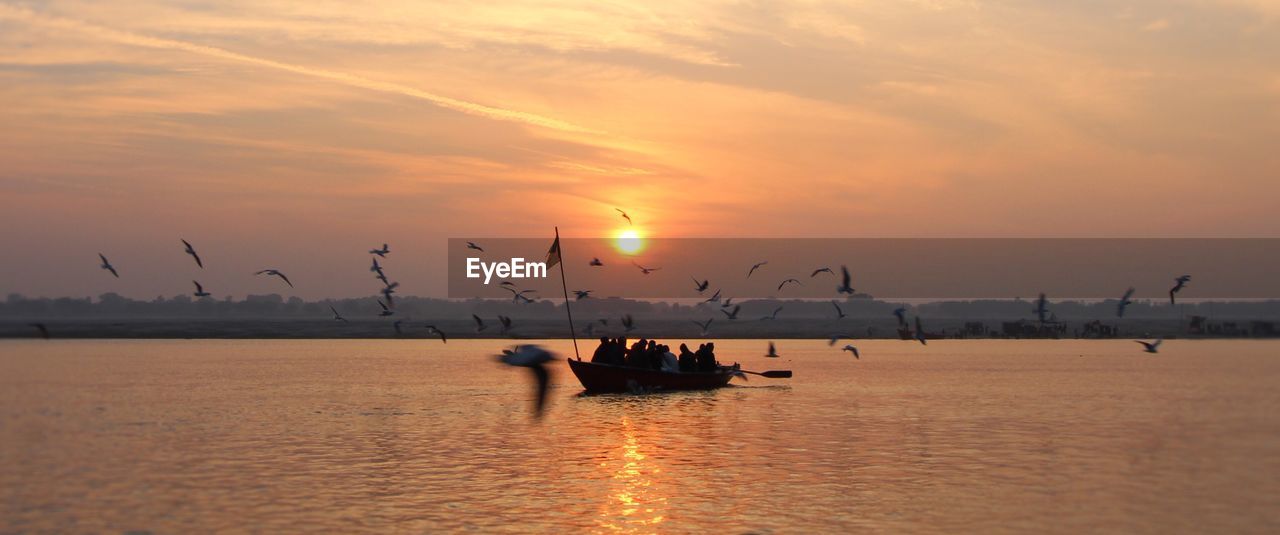 Silhouette birds flying over people on boat in sea against sky during sunset