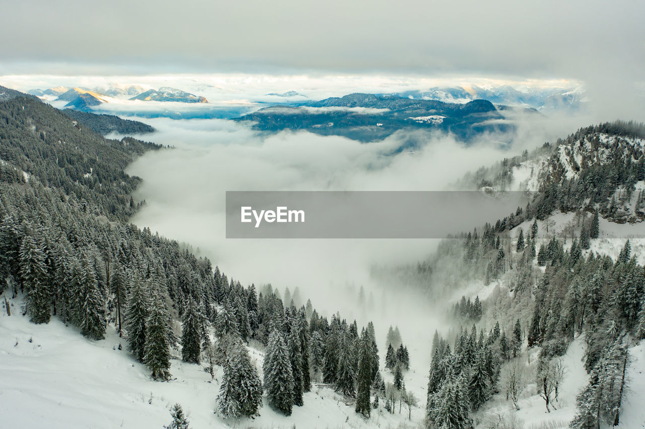 Scenic view of snow covered mountains against sky