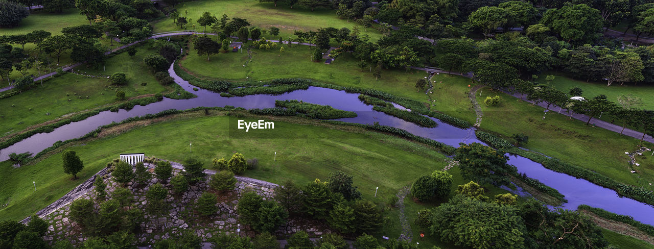 High angle view of lake amidst trees