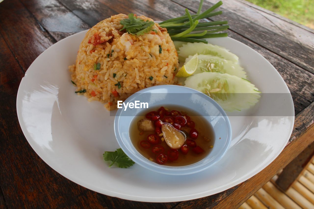 high angle view of food served in plate on table