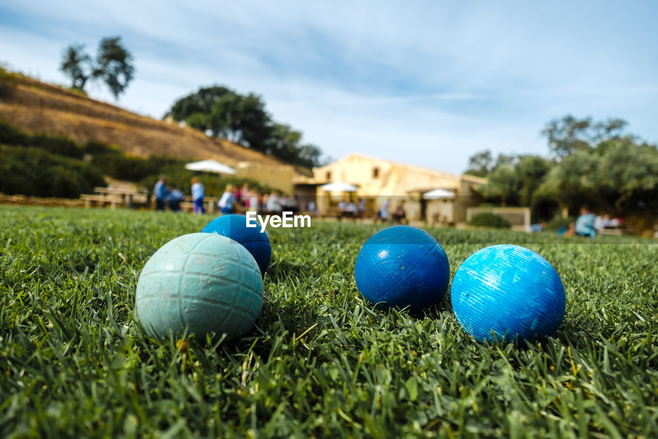 CLOSE-UP OF MULTI COLORED BALLS ON GRASS