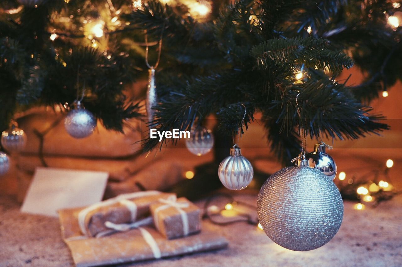 Close-up of christmas decoration hanging on tree