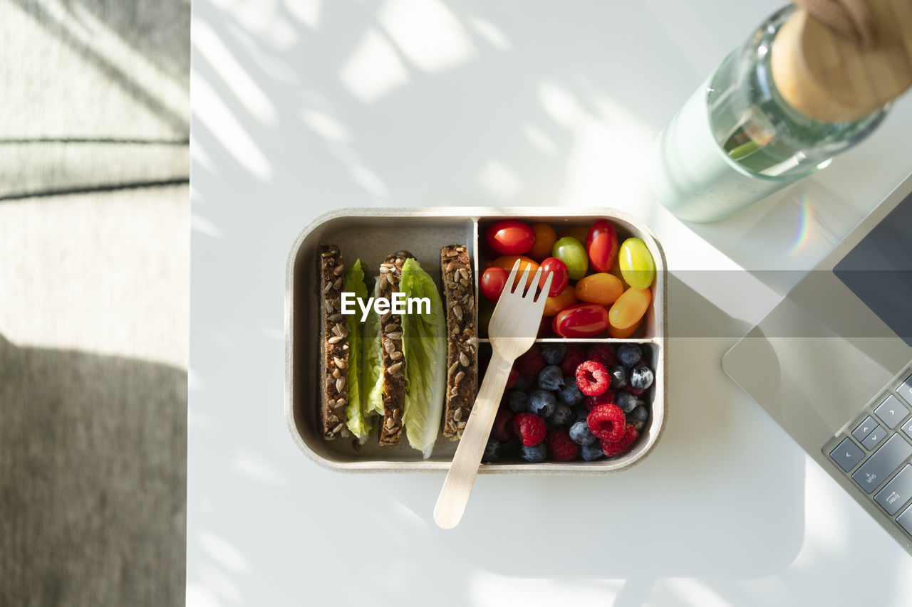 Rye bread, berries and salad with disposable fork in lunch box on table