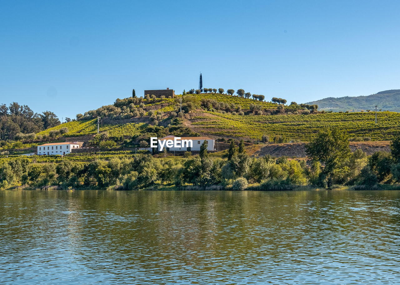 Scenic view of lake duoro by buildings in vineyard against clear blue sky