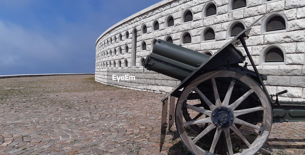 Low angle view of old ruin on field against sky