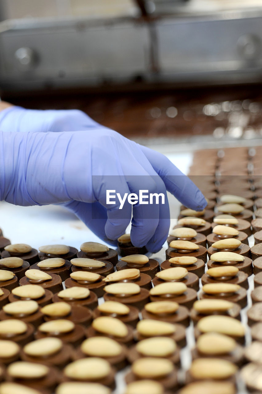 The worker puts almonds on chocolates at the chocolate factory