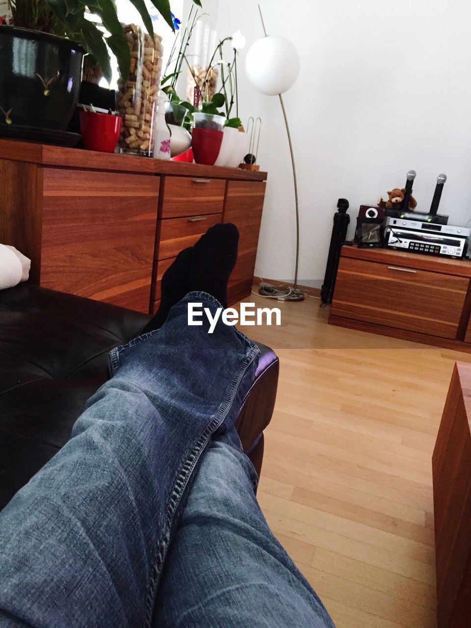 indoors, jeans, human leg, low section, one person, home interior, hardwood floor, casual clothing, men, sitting, real people, comfortable, domestic room, human body part, pets, day, one man only, people