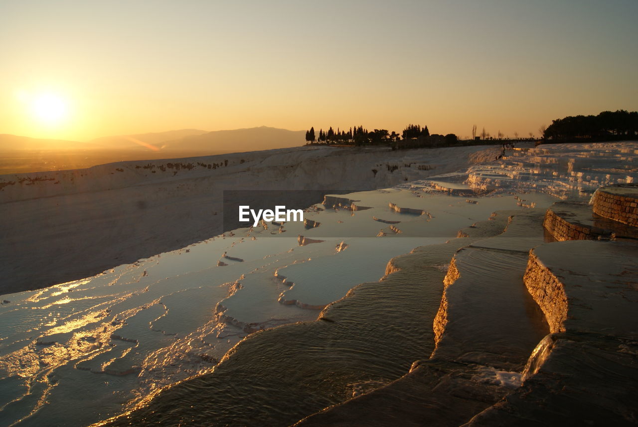 Travertine pools at pamukkale during sunset