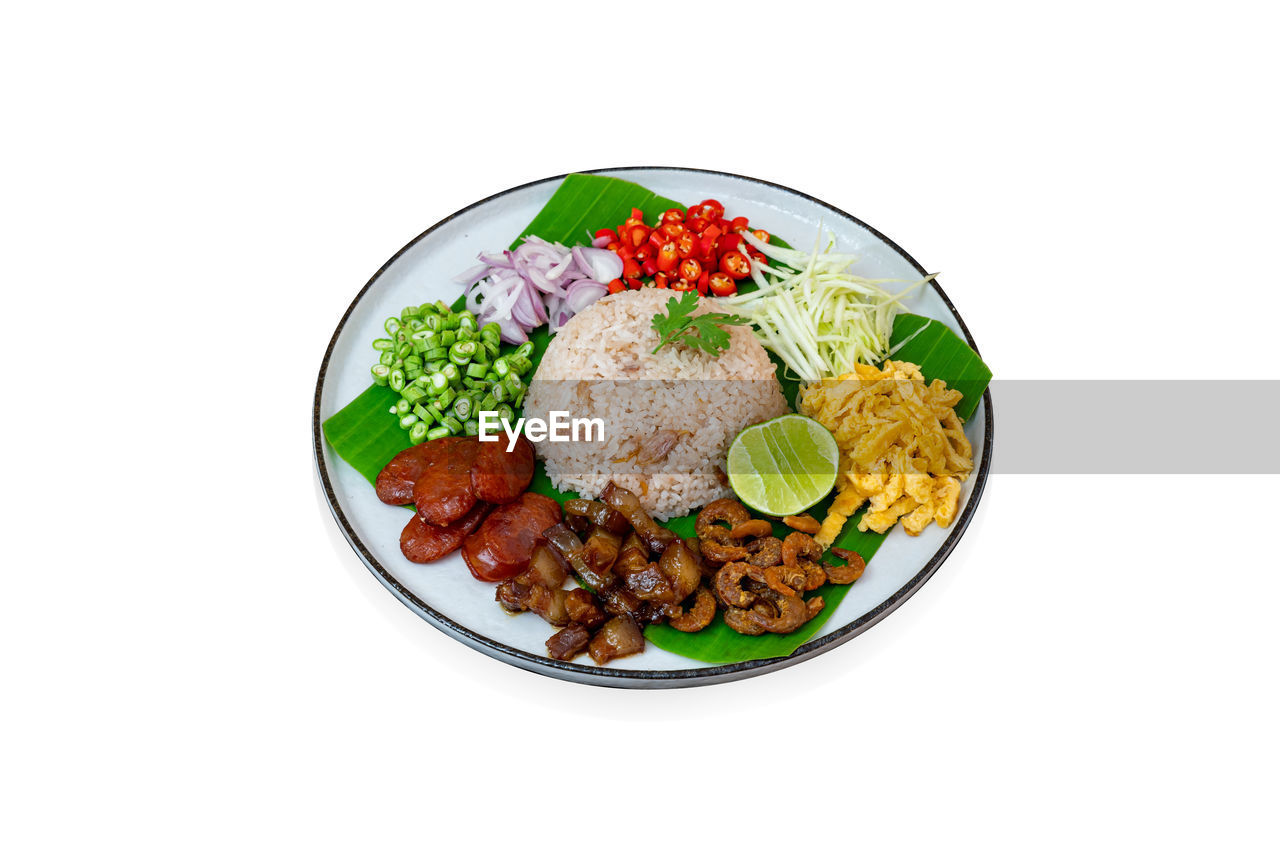 food and drink, food, healthy eating, white background, vegetable, wellbeing, studio shot, dish, freshness, meat, cut out, indoors, produce, meal, cuisine, no people, fruit, asian food, plate, green, dinner, broccoli, rice - food staple, red meat