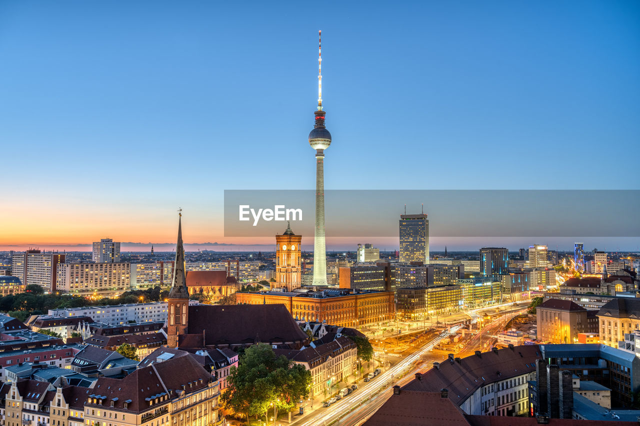 The iconic tv tower and downtown berlin after sunset