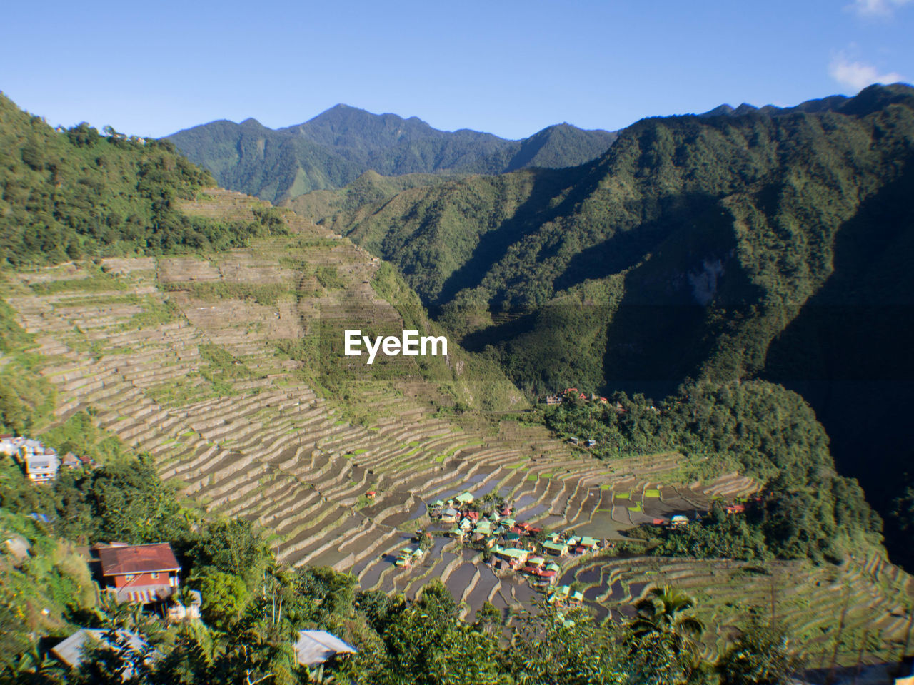 High angle view of landscape and mountains