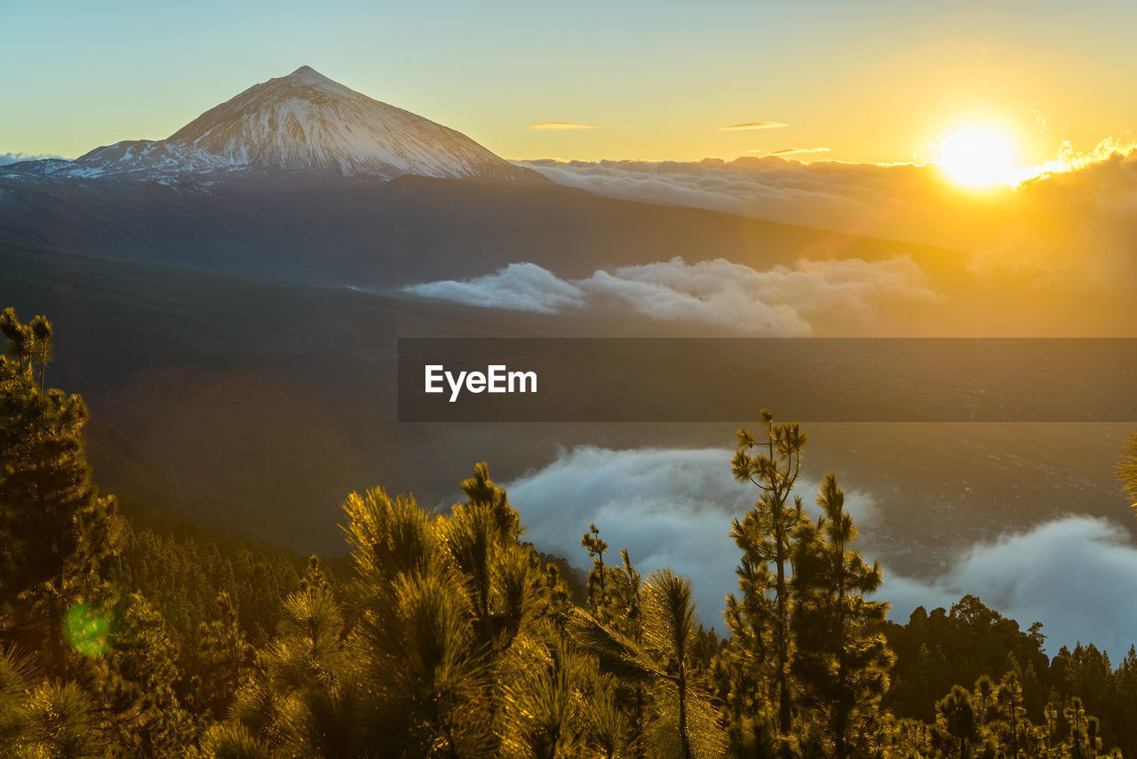 SCENIC VIEW OF MOUNTAINS AGAINST SKY AT SUNSET