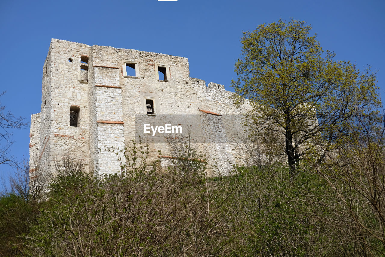 architecture, built structure, building exterior, plant, building, sky, history, tree, nature, the past, clear sky, no people, low angle view, blue, castle, château, travel destinations, old, outdoors, day, tower, wall, land, travel, fort, house, tourism