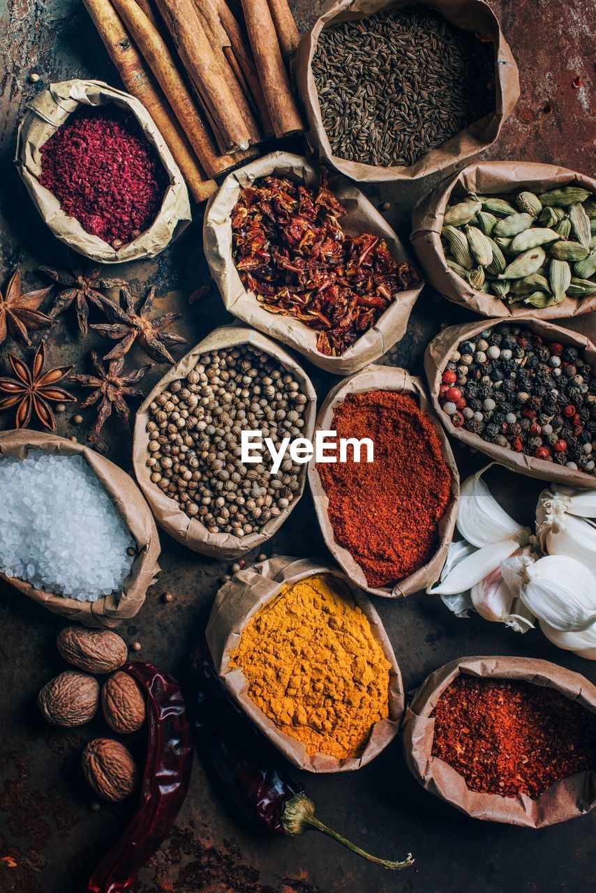 high angle view of spices for sale at market