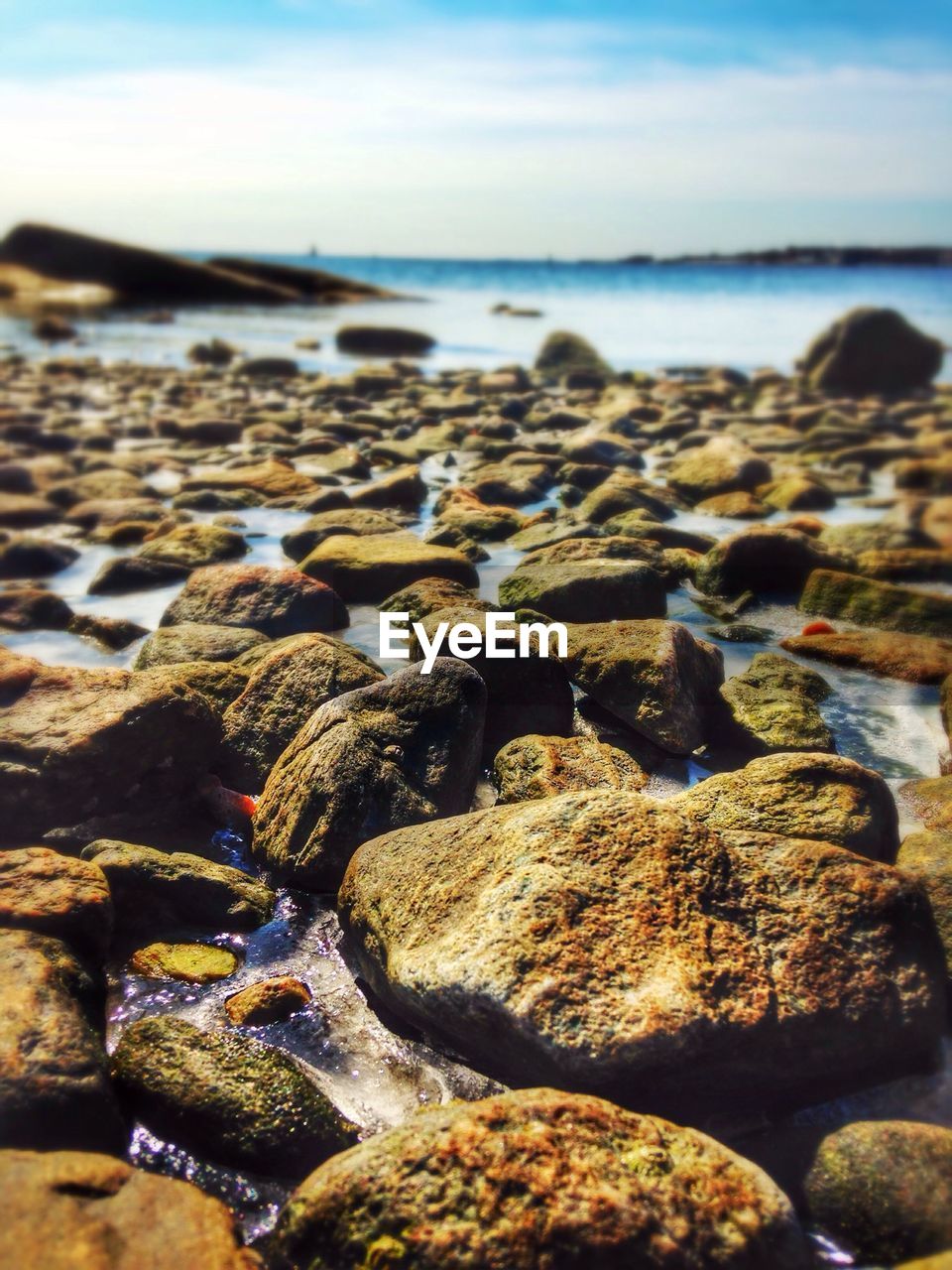 High angle view of rocks in water at beach