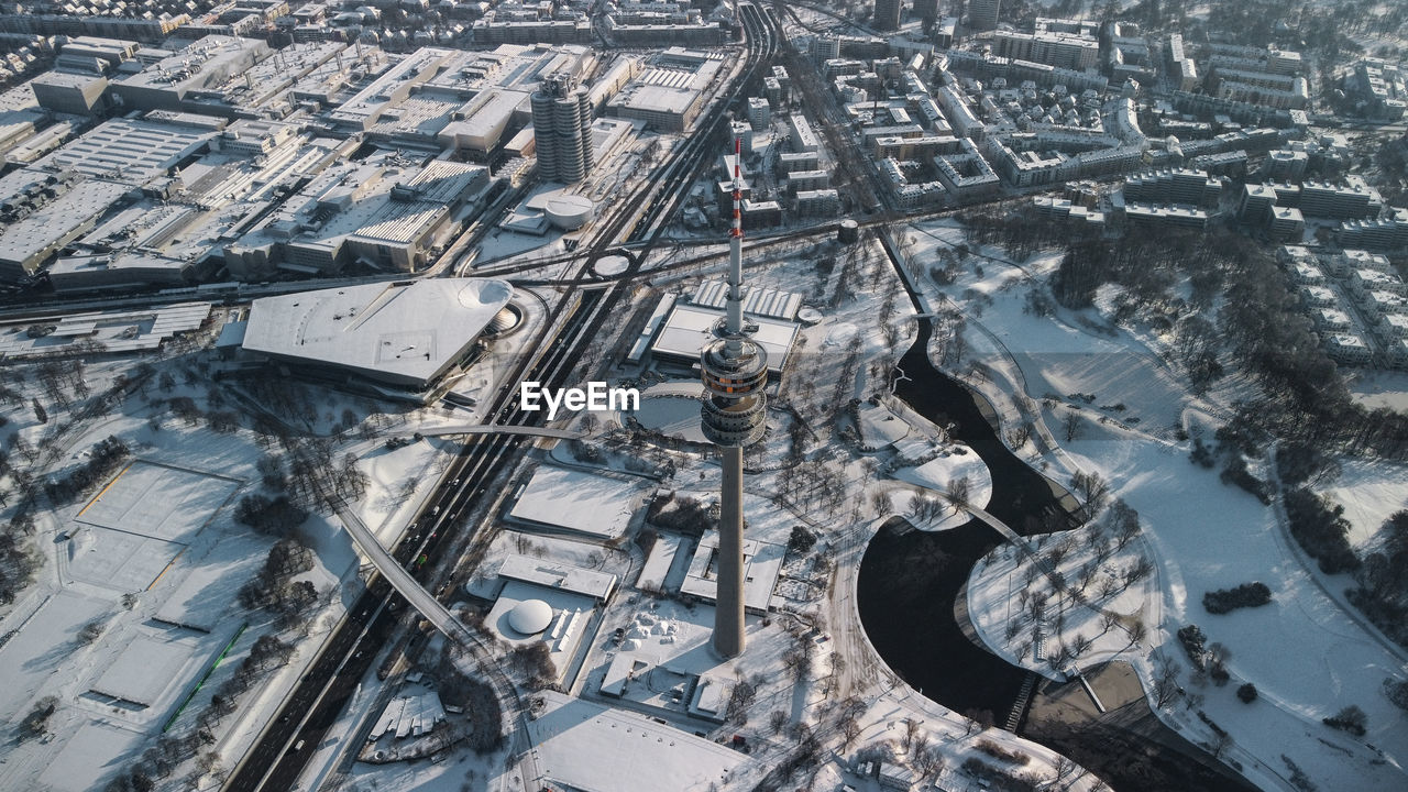 High angle view of cityscape during winter