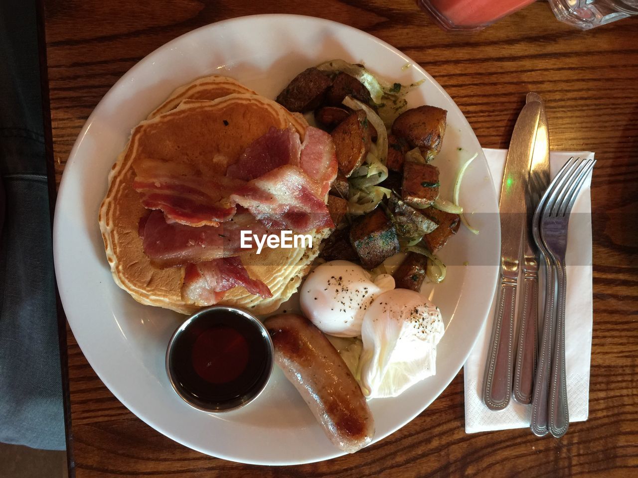 Close-up overhead view of food on table