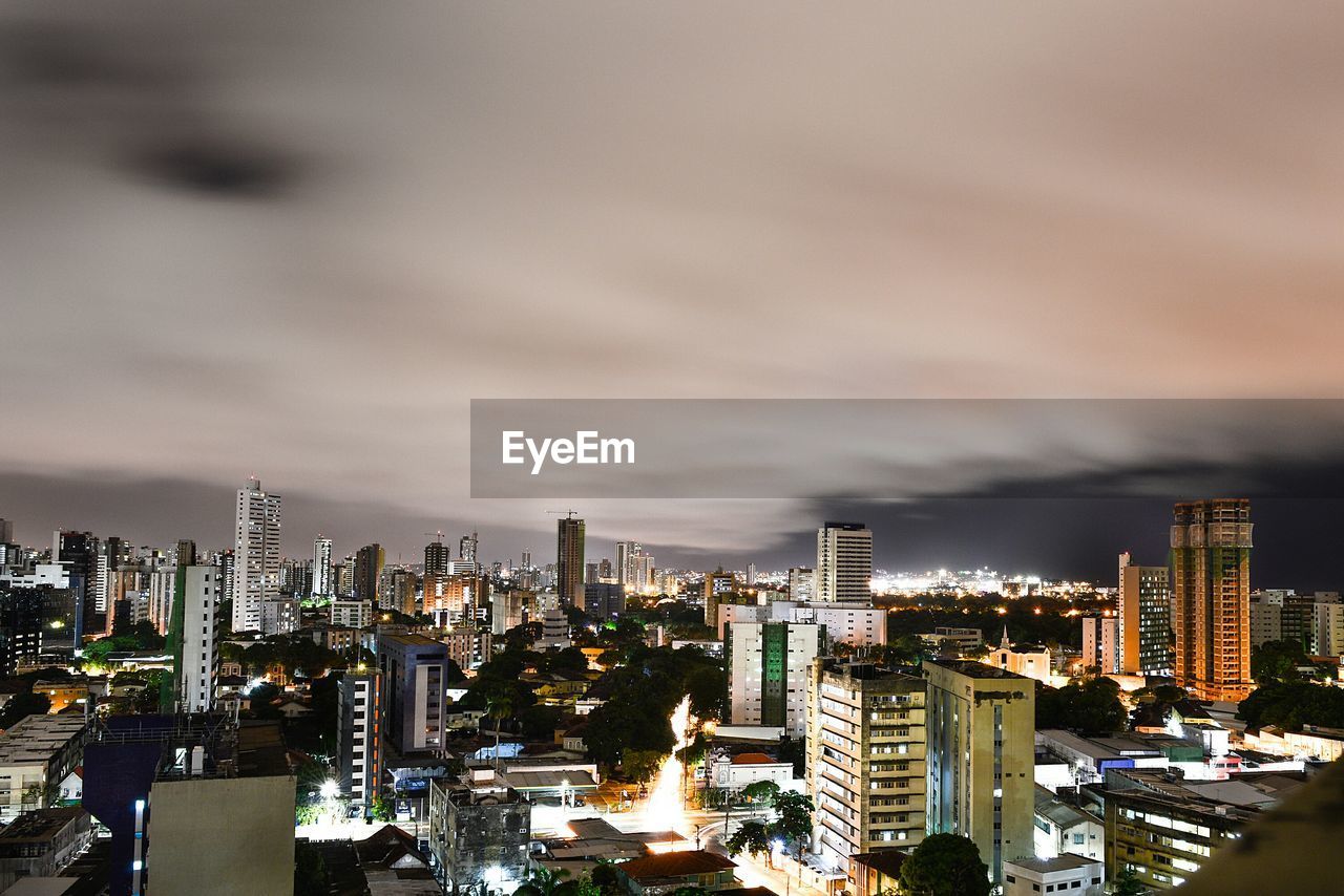 View of city lit up at night